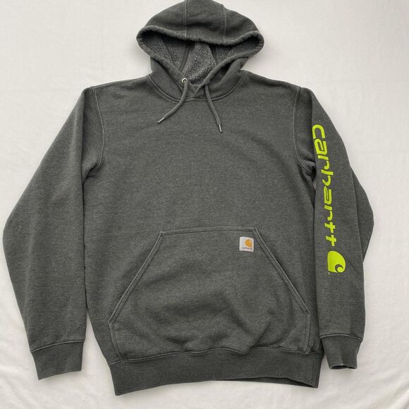Carhartt Hoodie Mens Small Gray Loose Fit Pullover Neon Logo Sleeve Workwear - Picture 1 of 12